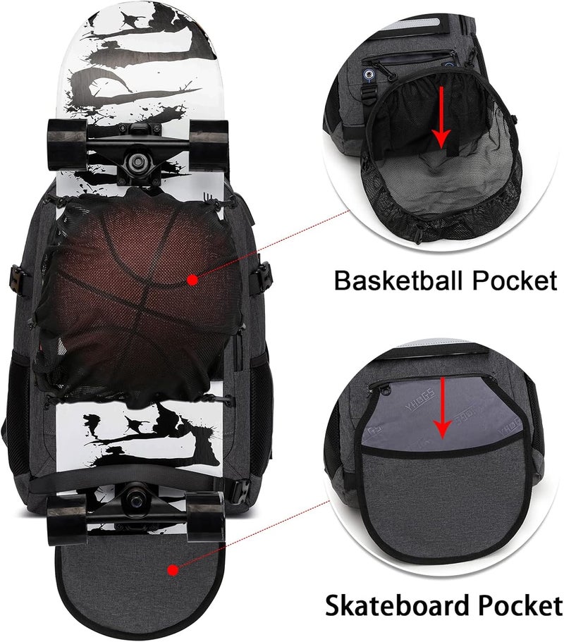RUCYEN Skateboard Backpack, Laptop Backpack with USB Charging Port, RFID Anti-Theft Lock, Waterproof Fabric, Fits up to 15.6 Inch Laptop, for Business Travel Men(Dark Grey) - Image 2
